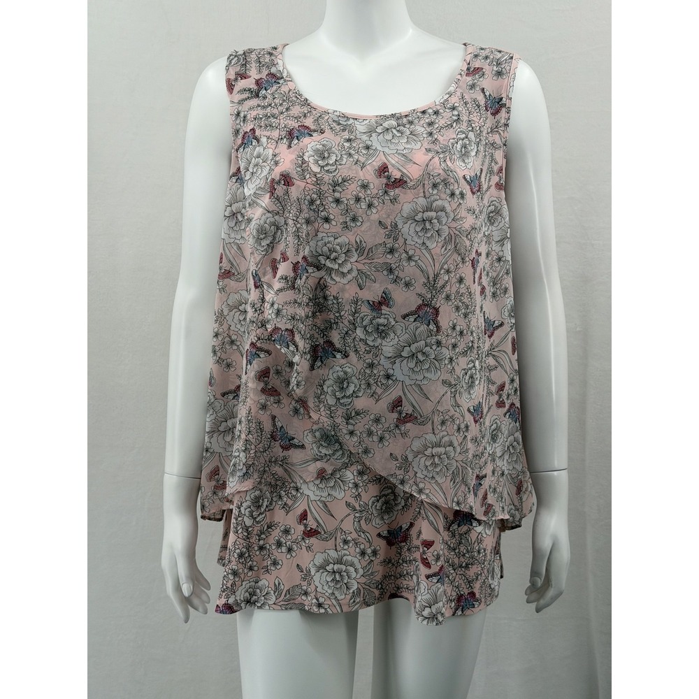 Roz & Ali Top Womens 2X Pink Floral Butterfly Layered Boho Spring Feminine Sheer